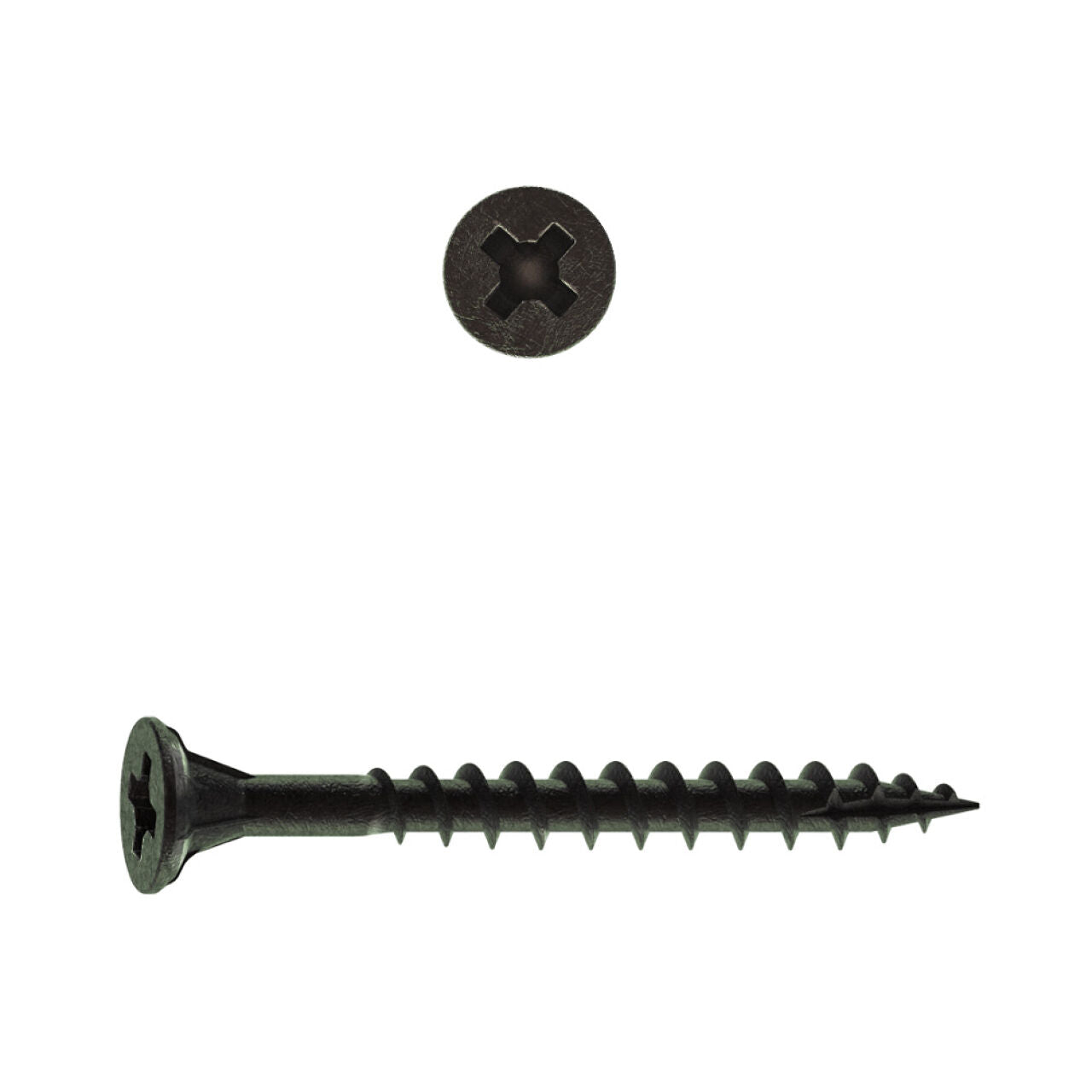 A #8 x 1-5/8 in. flat head cement board screw (Go Build, 149/pack) is shown from the top, highlighting its Phillips drive, and from the side, revealing its threaded body and flat countersunk head, on a white background.